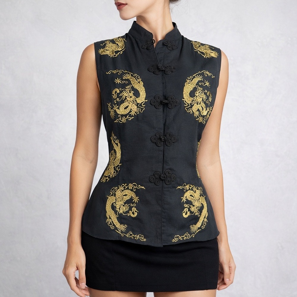 Vintage Y2K Chinese Dragon Embroidered Mandarin Collar Top Cyber Y2K Goth‎ M